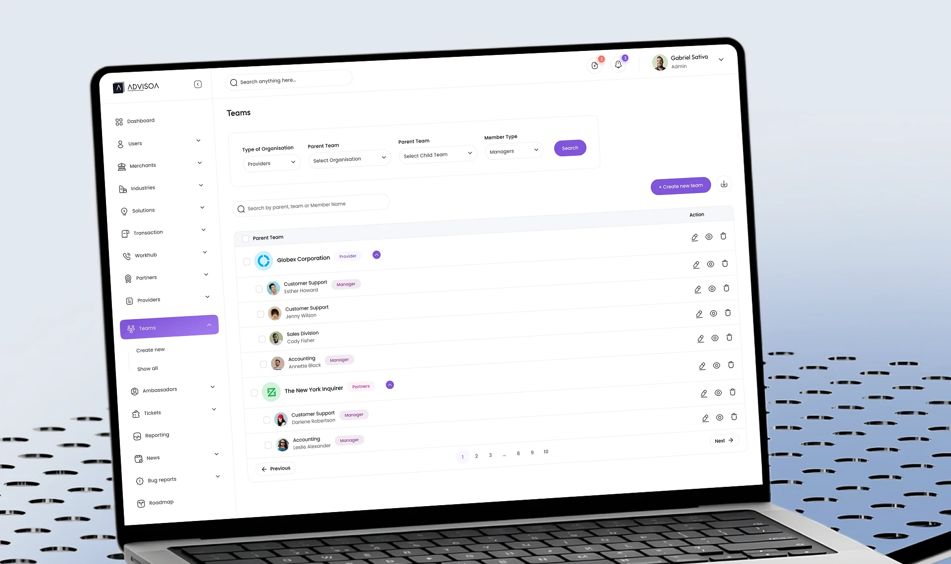Admin panel showing Teams tab