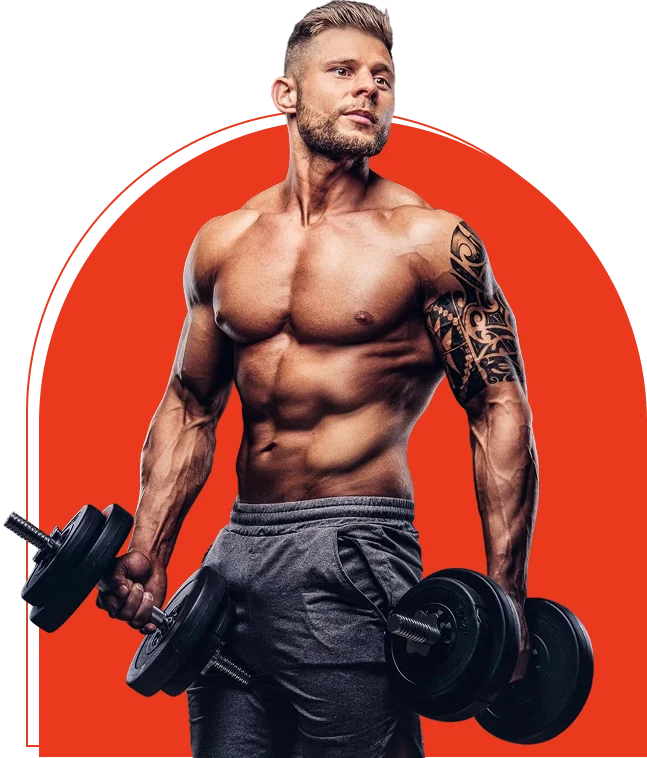 Fitness hero posing with dumbbells 