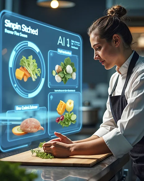 Female chef preparing food while interacting with AI-powered meal planning interface
